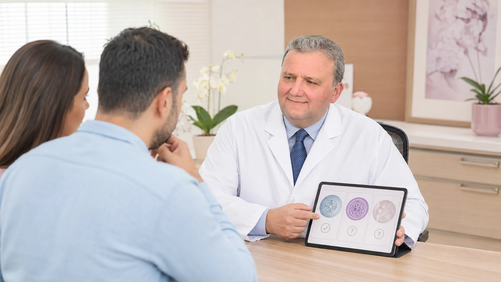 Tüp bebek ek uygulamalarının gerekliliği hakkında doktorla görüşen bir çift