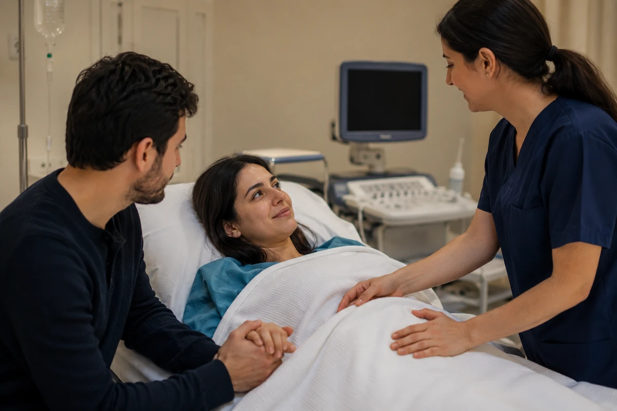 Yumurta toplama işlemi öncesinde klinik yatağında hazırlanan kadın ve yanında destek olan eşi
