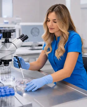 Embriyo laboratuvarında mikroskop ve çalışma istasyonu başında çalışan kadın doktor