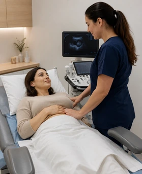 Tüp bebek tedavi sürecinde planlama yapan uzman hekimin klinik ortamındaki dikey portresi