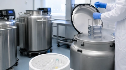 Kriyo tankları ve embriyo saklama sistemini gösteren laboratuvar sahnesi