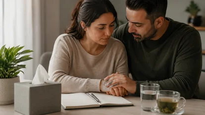 Tüp bebek sürecinde birbirine yakın oturup el ele destek olan çift