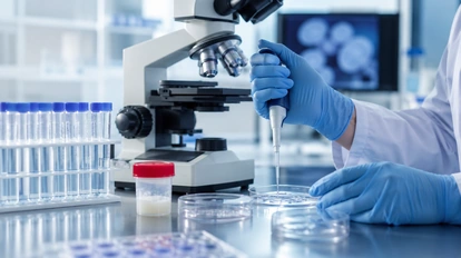Laboratuvarda mikroskop, numune tüpleri ve pipetle yapılan hassas değerlendirme