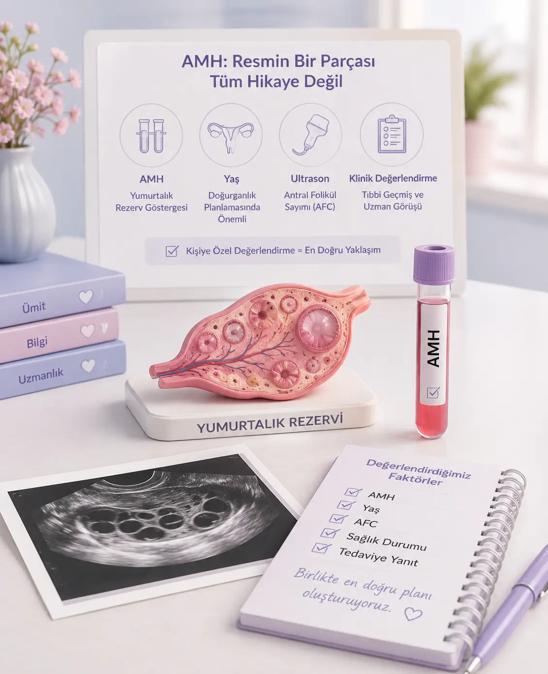 AMH düşüklüğü ve yumurtalık rezervi değerlendirmesini anlatan tıbbi görsel