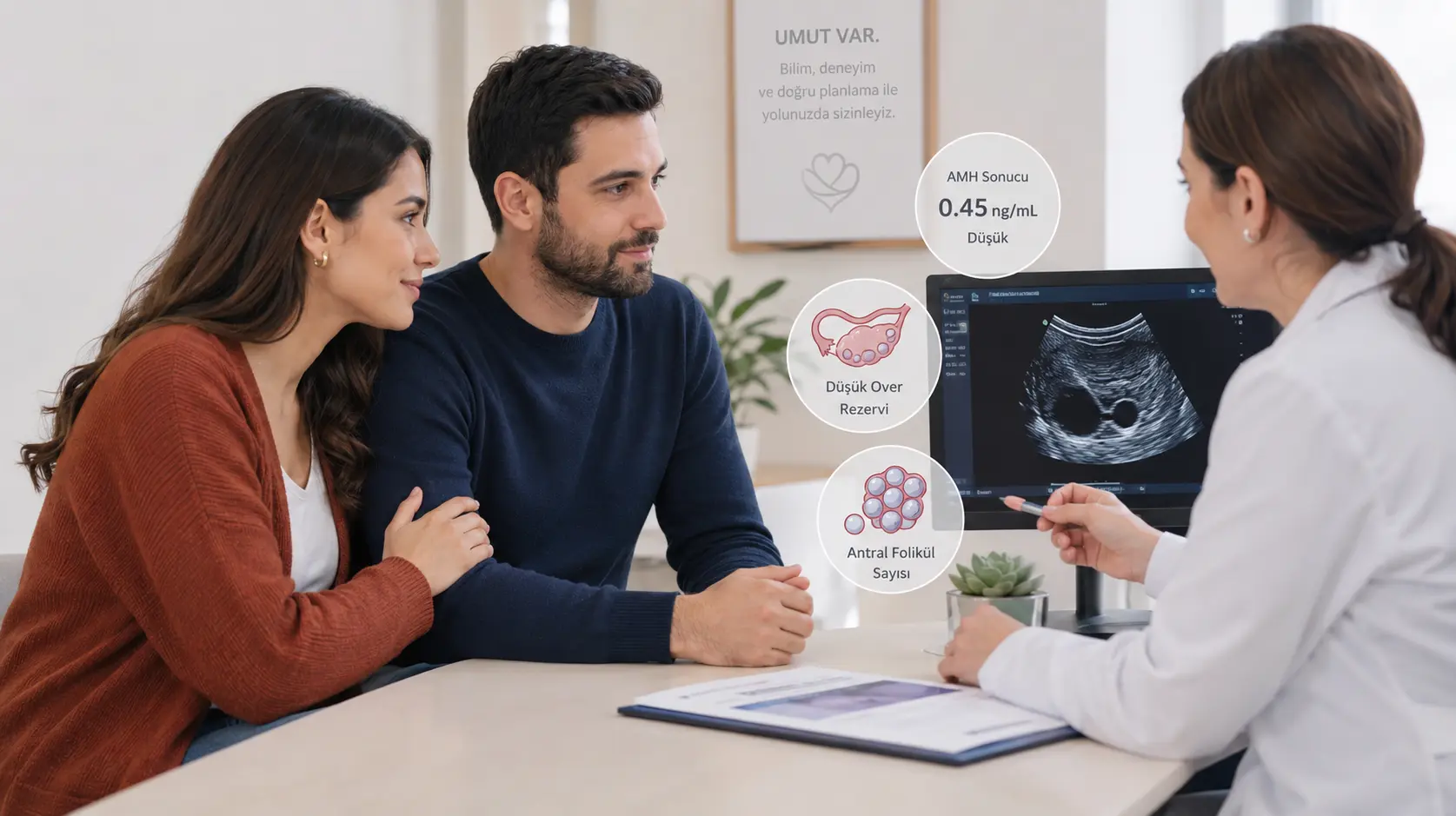 AMH düşük olduğunda tüp bebek şansı hakkında doktorla görüşen bir çift